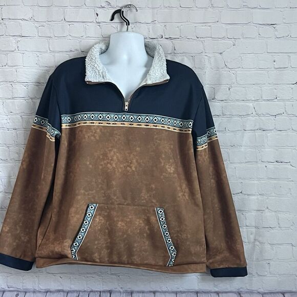 Mens XL Quarter Zip Sweatshirt Western Aztec Cowboy Pockets Fur Collared - Picture 7 of 10